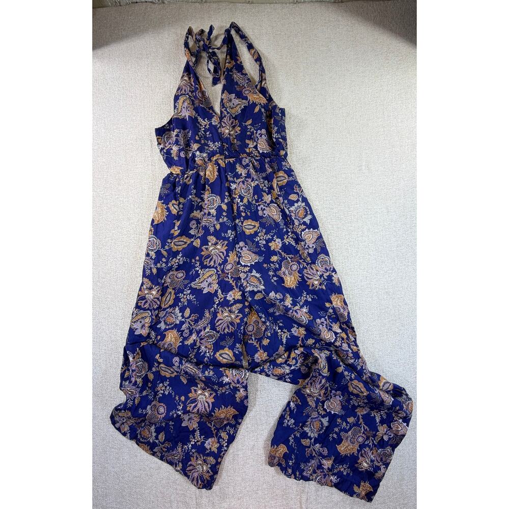 ETT:TWA Womens Small Blue Gold Floral Print Spaghetti Strap Jumpsuit Boho Resort - Picture 2 of 10